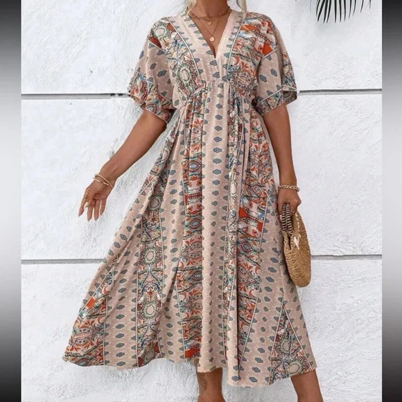 Plus Size Boho Floral Cottagecore Kimono Sleeve Maxi Dress | Color: Tan | Size: 20 | Shah2122'S Closet